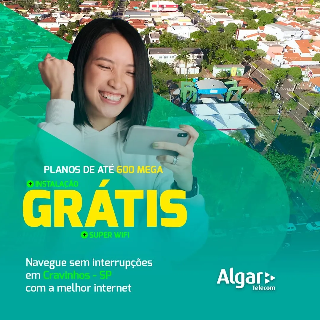 Anúncio Algar Telecom, planos de até 600 mega em Cravinhos-SP, formato quadrado