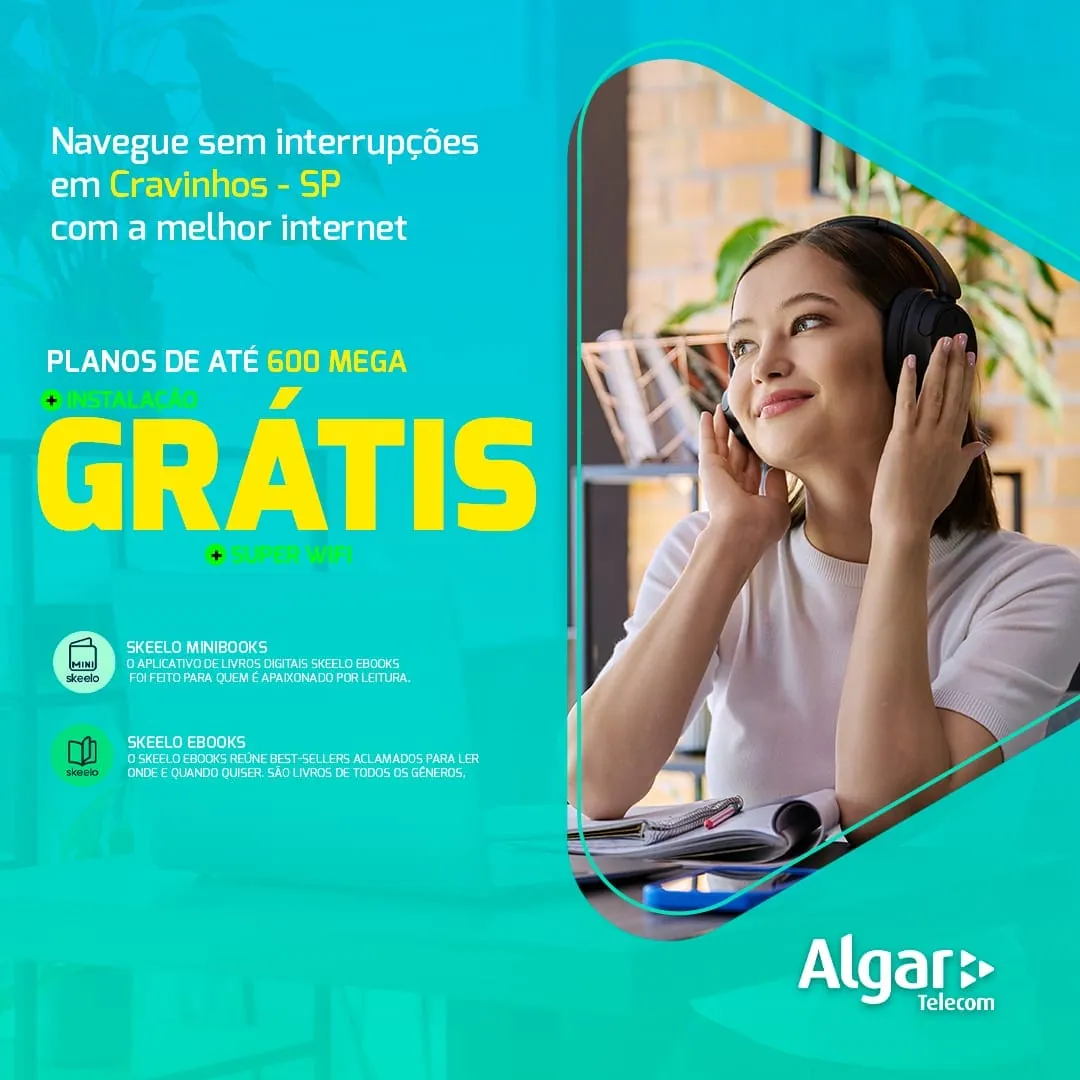 Anúncio Algar Telecom, planos de até 600 mega em Cravinhos-SP, formato paisagem