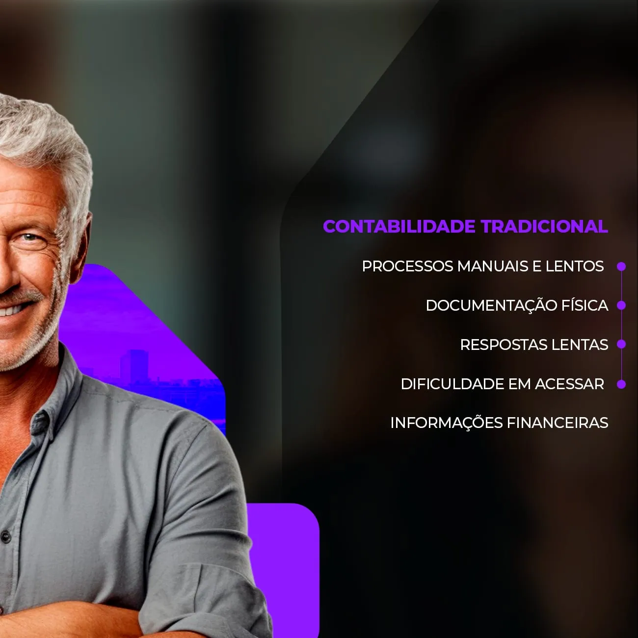 Carrossel comparativo: contabilidade tradicional, processos manuais e documentação física