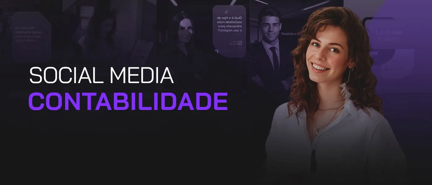 Banner Social Media Contabilidade da Simplus, com mosaico de posts da marca ao fundo