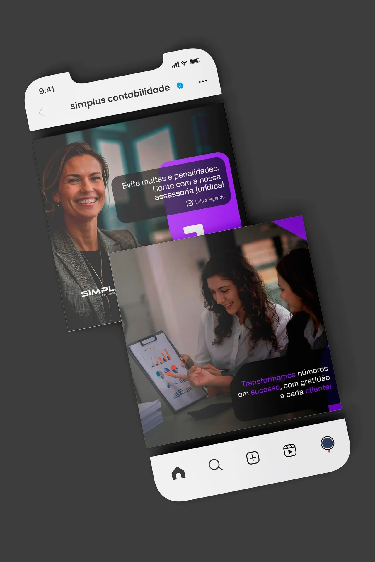 Mockup em celular do Instagram da Simplus Contabilidade, com dois posts da marca
