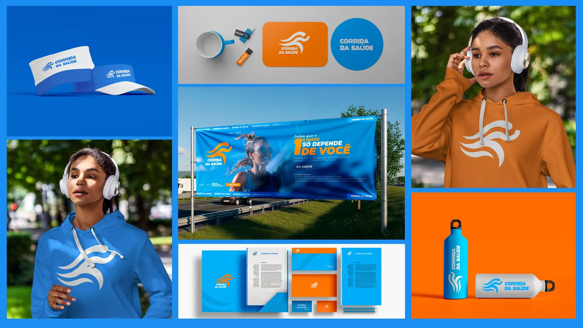 Painel geral da identidade: viseira, caneca, outdoor, moletons, papelaria e squeezes da Corrida da Saúde