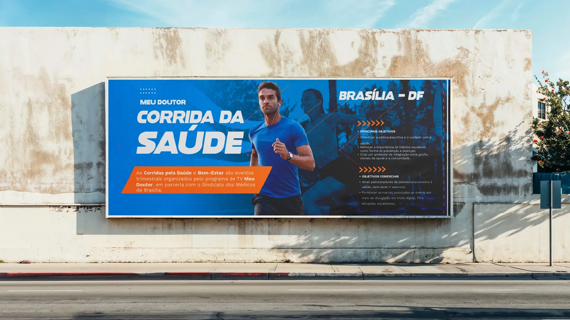 Outdoor da Corrida da Saúde em Brasília-DF, com o briefing do evento e os objetivos do projeto