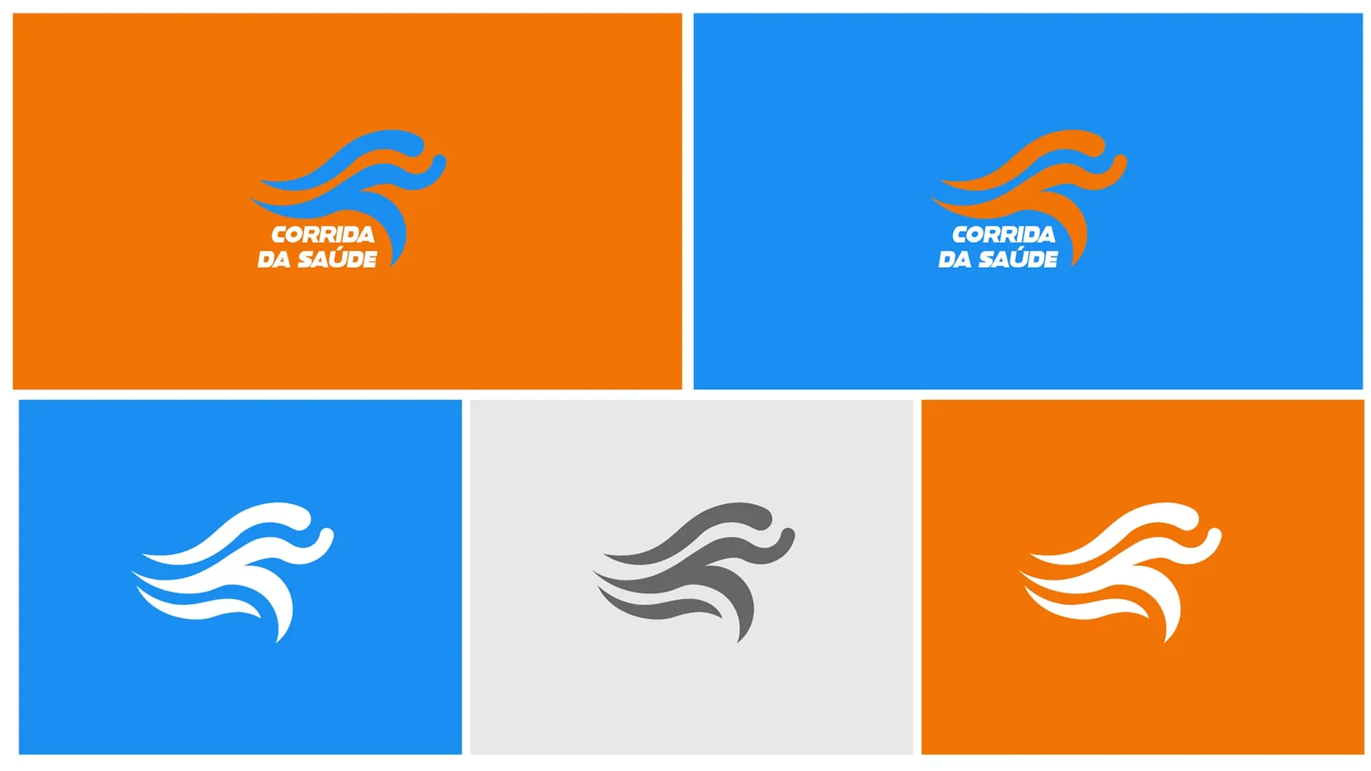 Versões do logotipo Corrida da Saúde: assinatura completa e símbolo isolado, em azul, laranja, cinza e branco