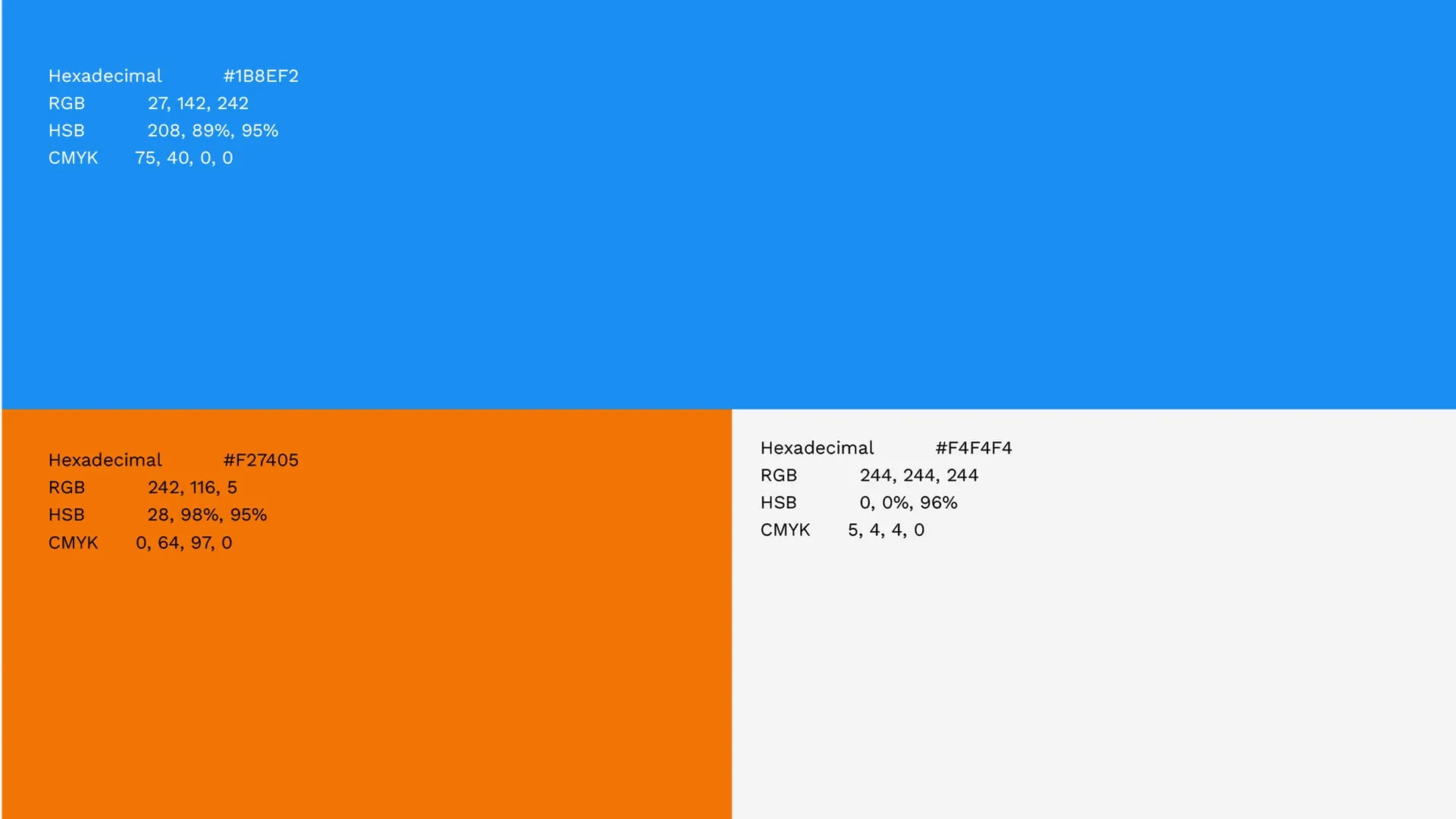 Especificação técnica da paleta com valores hexadecimal, RGB, HSB e CMYK