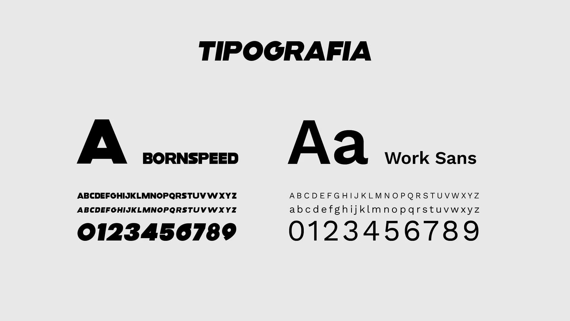 Especificação tipográfica com as famílias Bornspeed e Work Sans, alfabeto e numerais