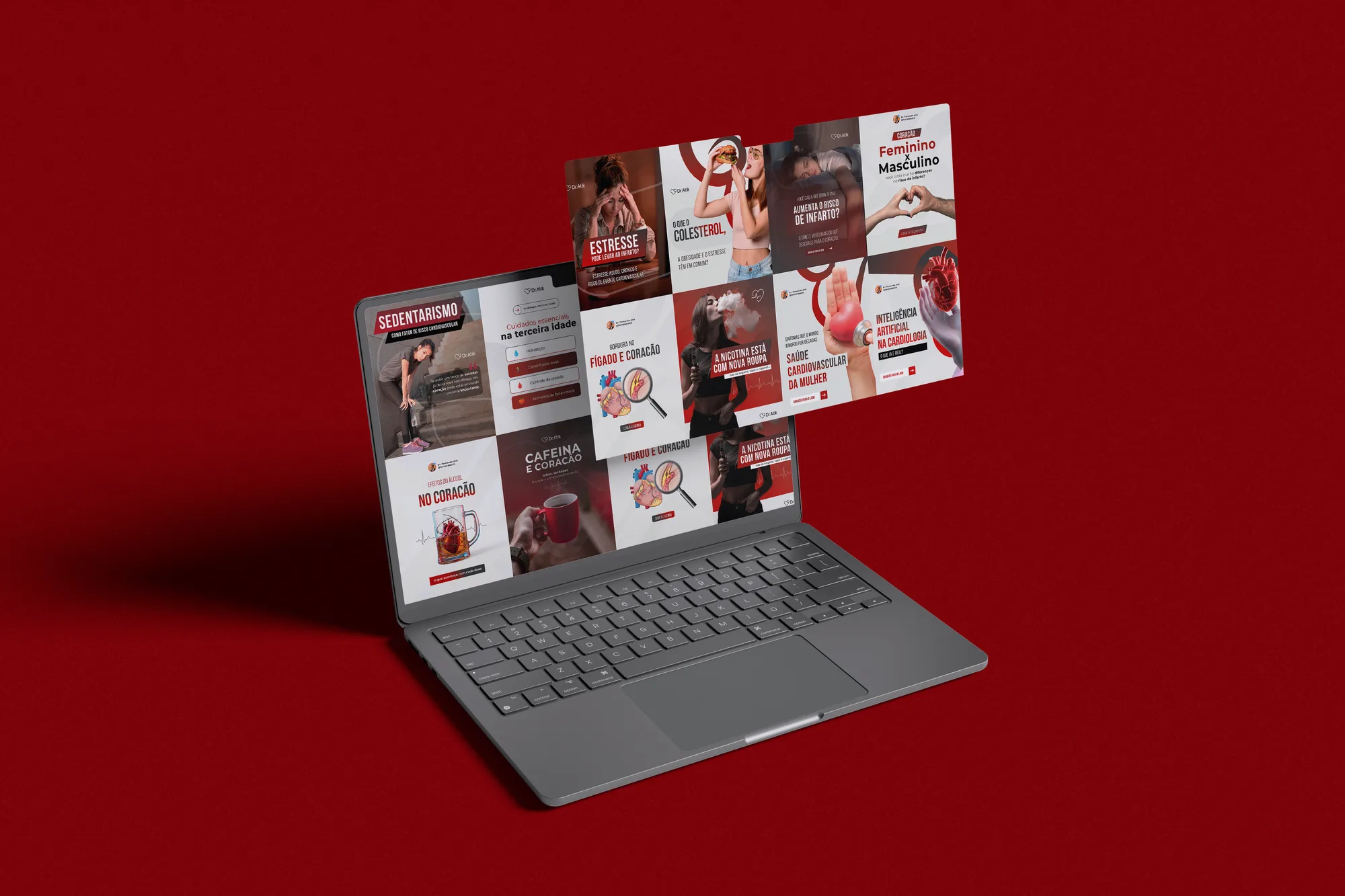 Mockup de notebook com posts do Instagram do Dr. Atik sobre saúde do coração, sobre fundo vermelho