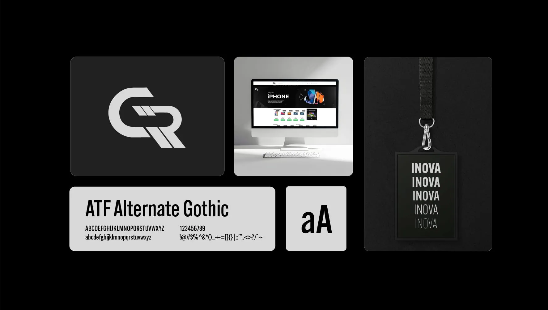 Painel da identidade GR Inova: monograma, aplicação em tela, tipografia ATF Alternate Gothic e crachá