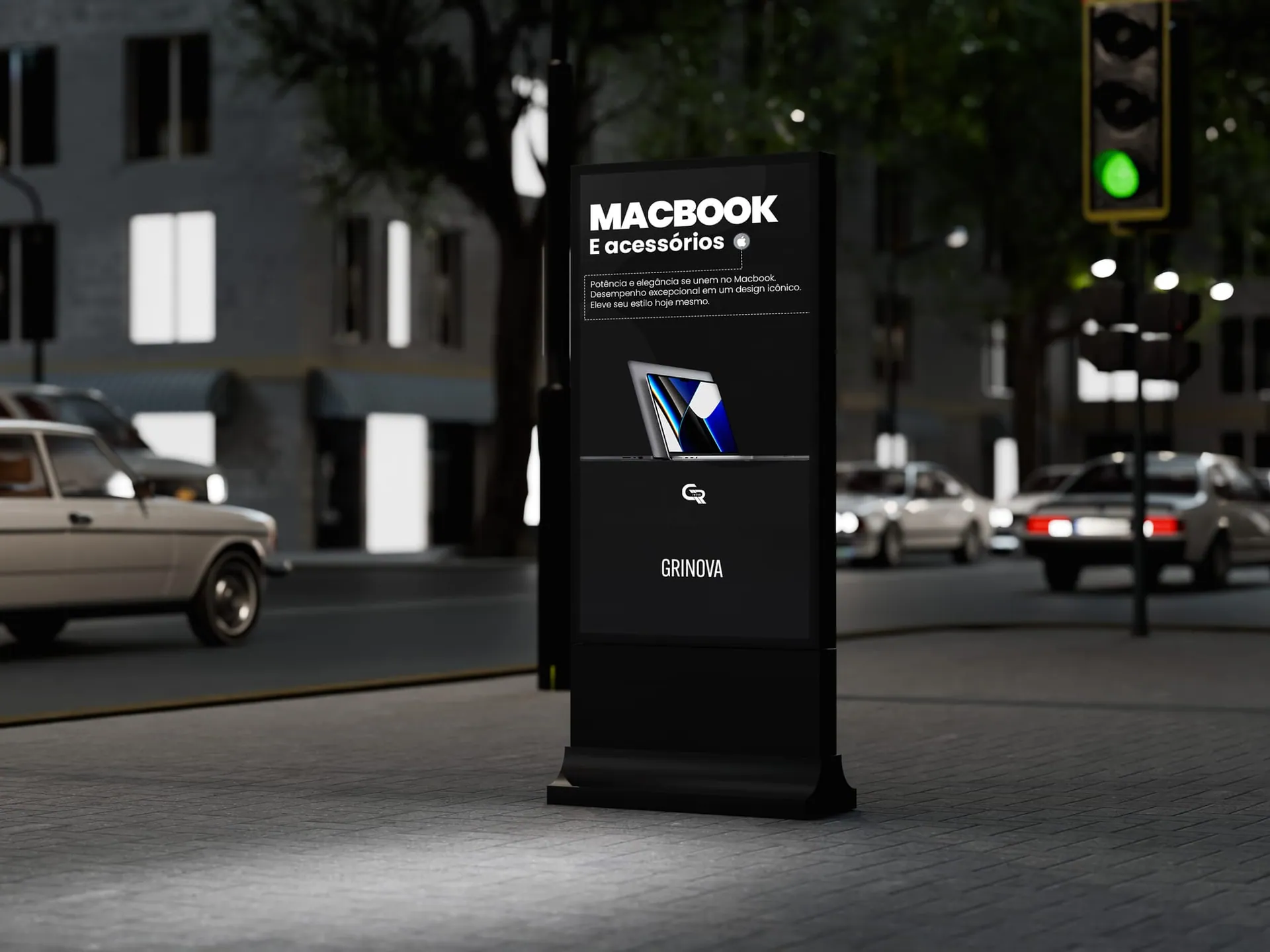 Totem digital GR Inova anunciando MacBook e acessórios em esquina noturna