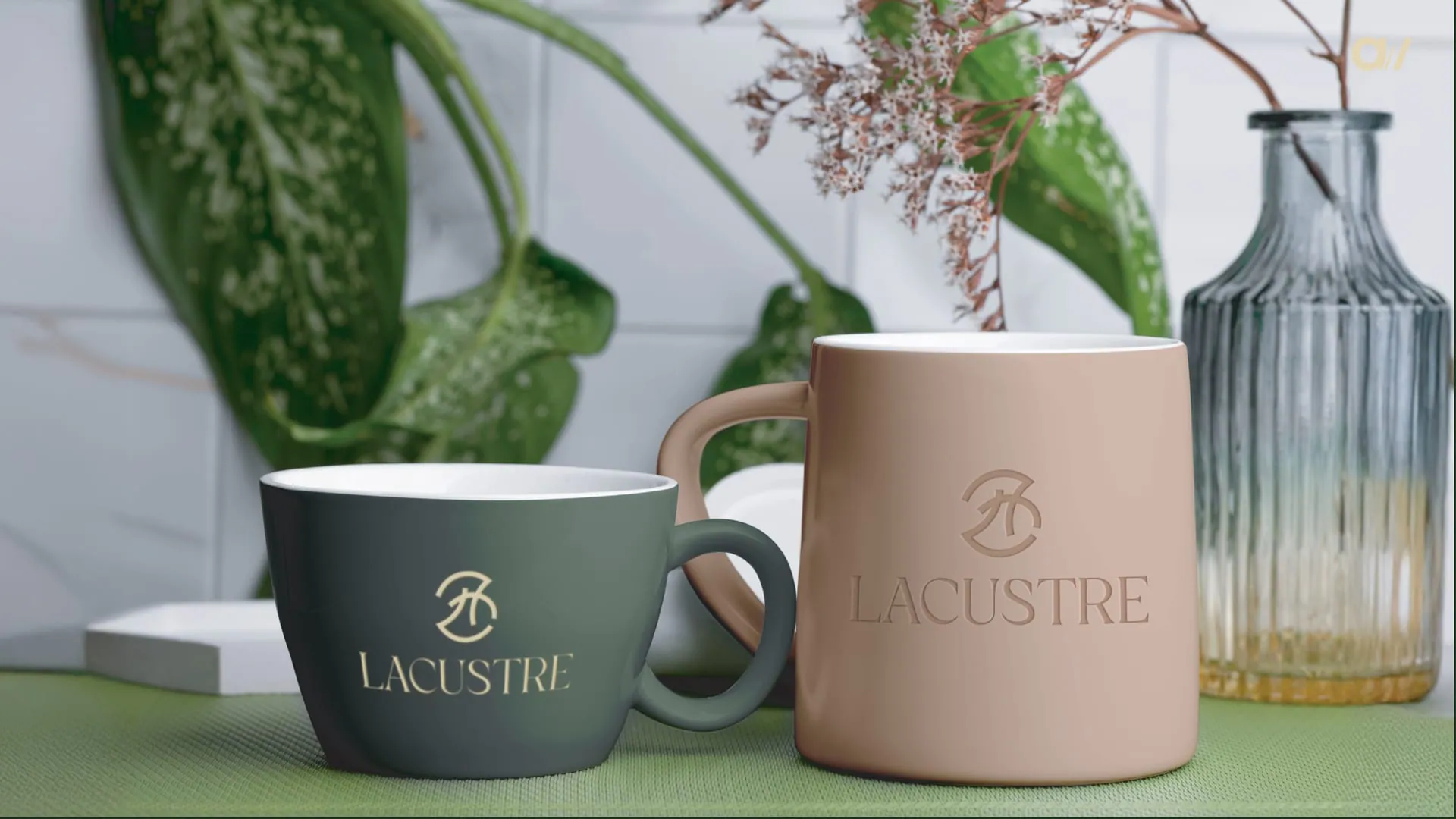 Xícaras Lacustre em verde e ocre com o logotipo aplicado