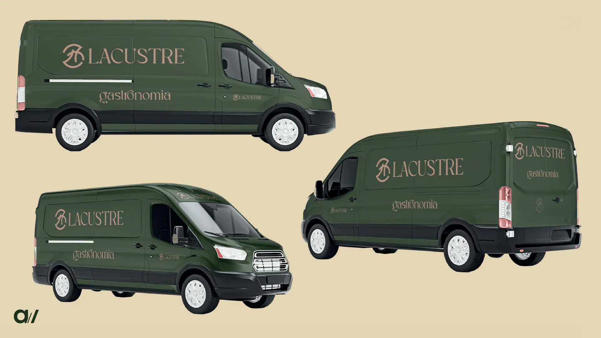 Frota Lacustre Gastronomia: vans em verde institucional com logotipo em ocre