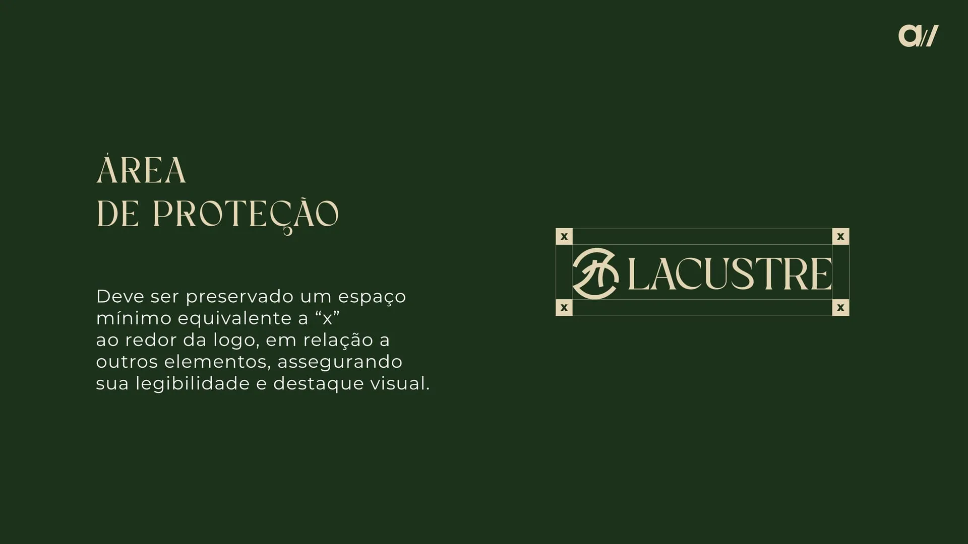 Área de proteção da marca Lacustre: espaço mínimo equivalente a x ao redor da logo