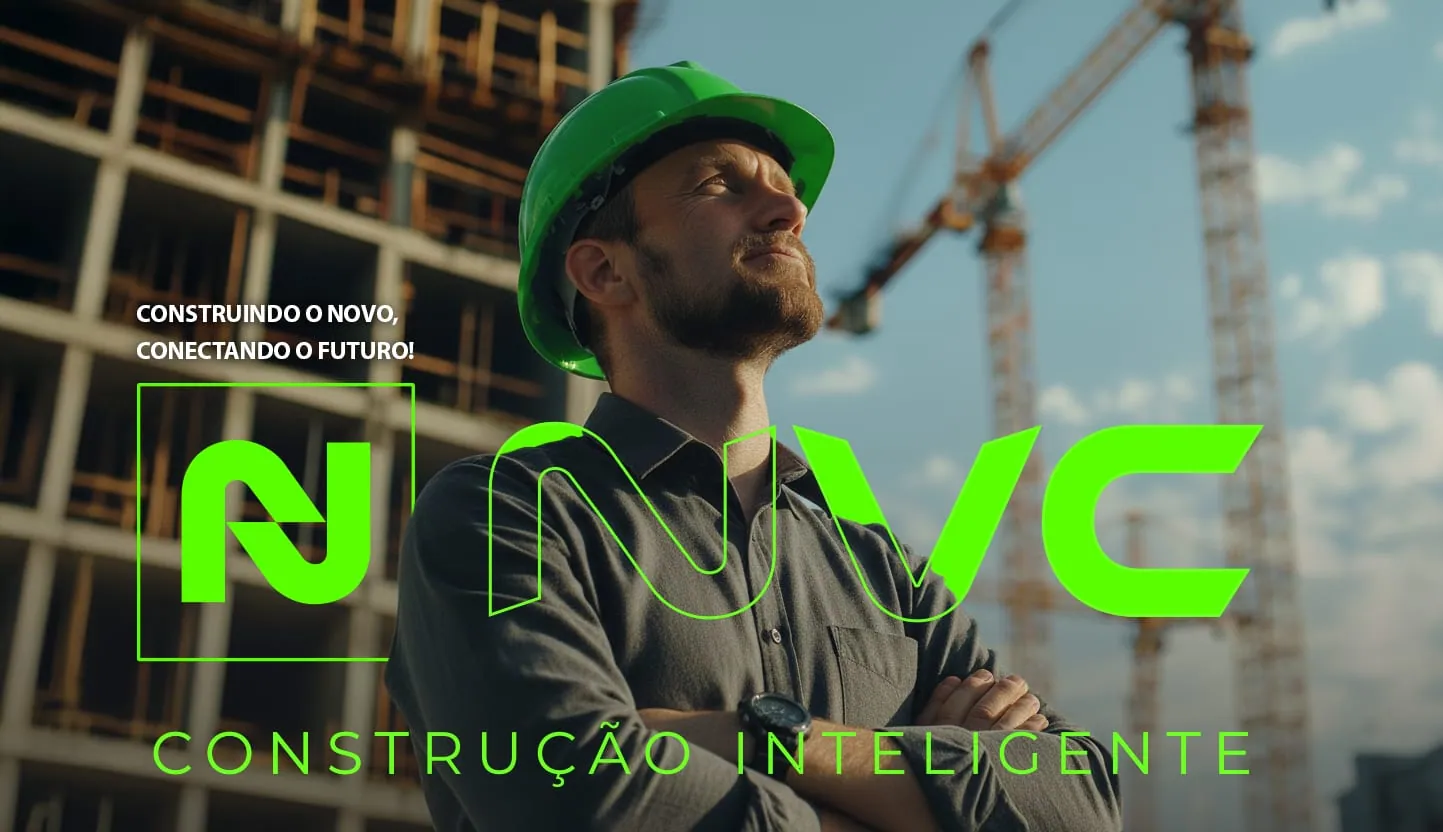 Abertura do projeto NVC Tech: engenheiro de capacete verde em canteiro, com a marca e o slogan Construção Inteligente