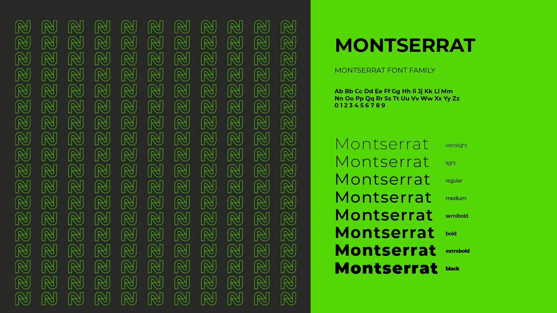 Especificação tipográfica Montserrat em todos os pesos, ao lado de padronagem com o monograma NVC Tech