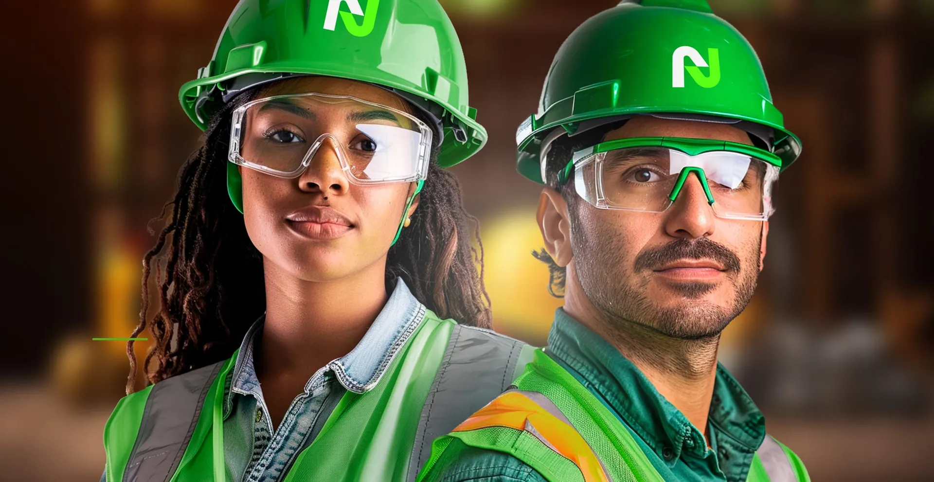 Colaboradores da NVC Tech com capacete verde e óculos de proteção, em campanha institucional