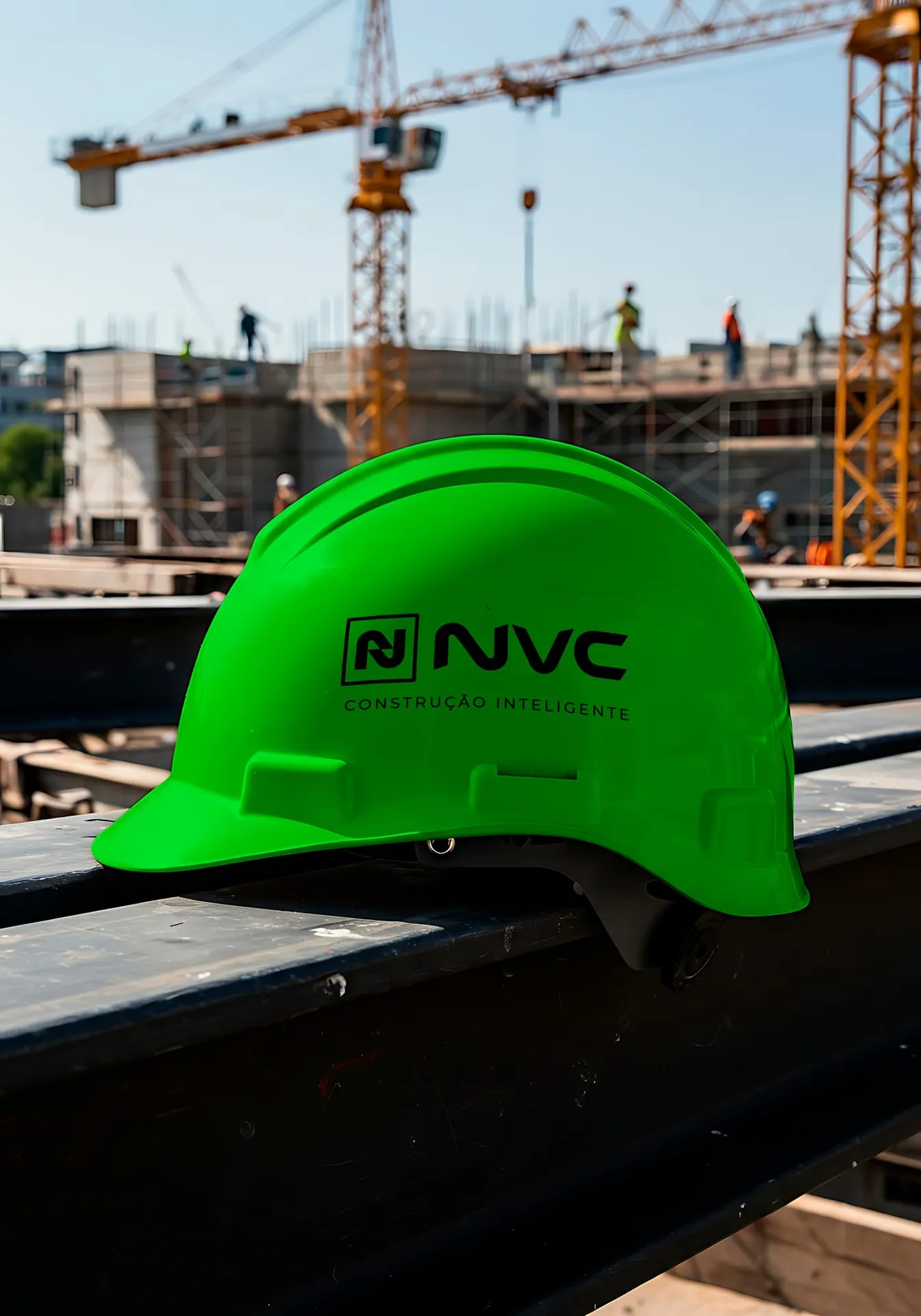 Capacete verde da NVC Tech sobre viga de aço, com canteiro e gruas ao fundo