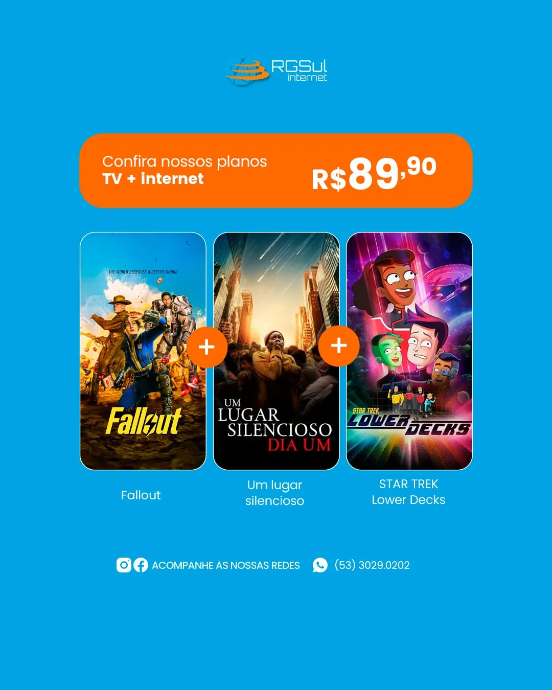 Anúncio RGSul, combo TV mais internet por R$89,90, com Fallout, Um Lugar Silencioso e Star Trek