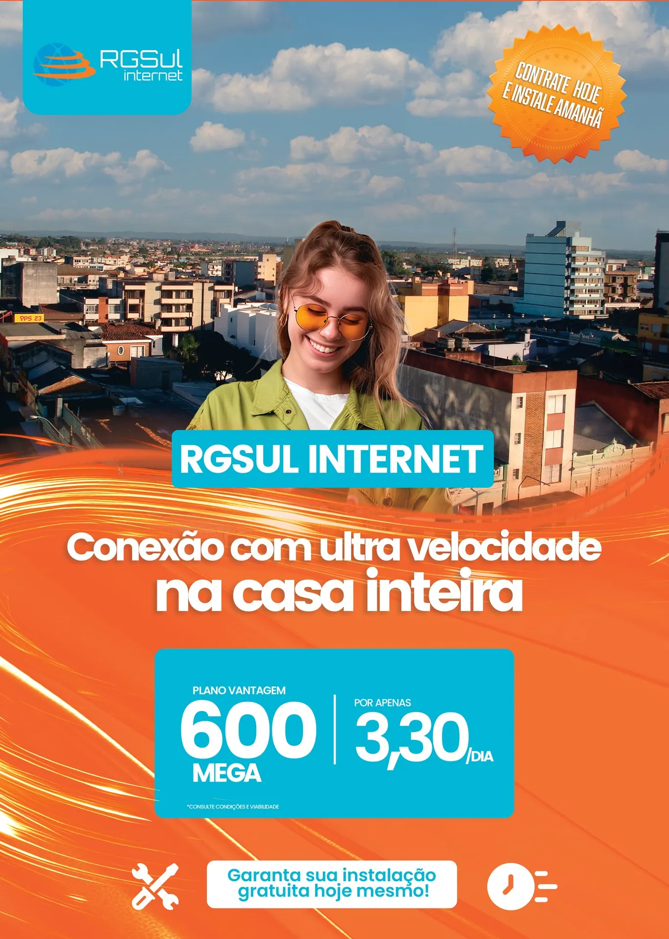 Flyer impresso RGSul, conexão com ultra velocidade na casa inteira, contrate hoje e instale amanhã