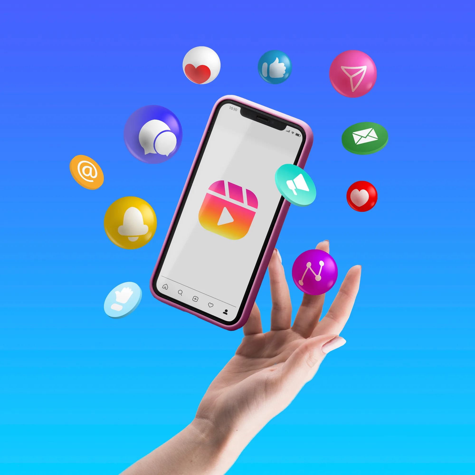 Celular com feed social cercado de ícones de interação