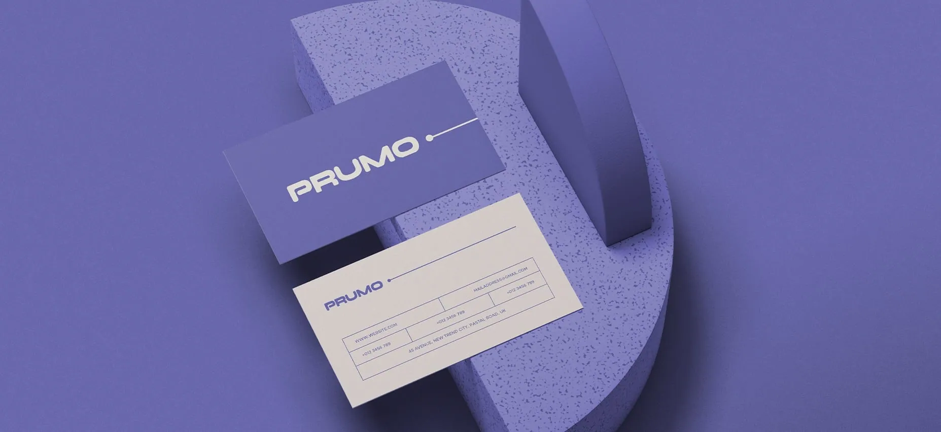 Prancheta 9 Prumo business card design on purple backdrop