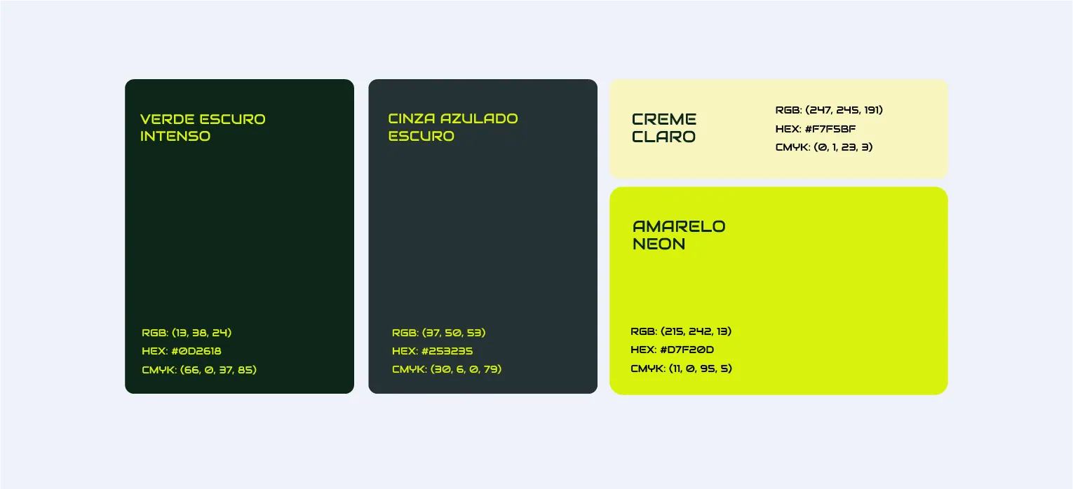 Paleta de cores da marca Somo: verde-escuro, cinza-azulado e amarelo-neon