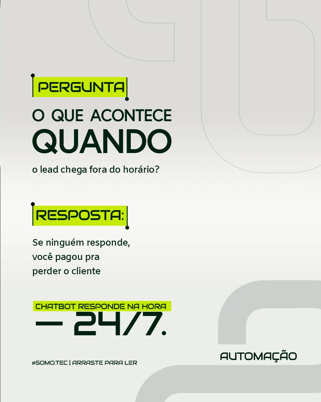 Carrossel Somo, lâmina 2: o que acontece quando o lead chega fora do horário, chatbot responde 24 por 7