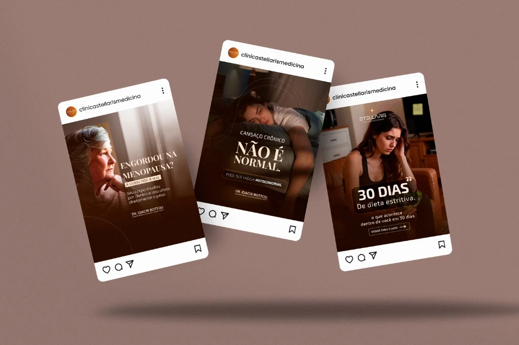 Mockup de 3 posts em perspectiva do Instagram da Clínica Stellaris e Dr. Idacir Bottoli